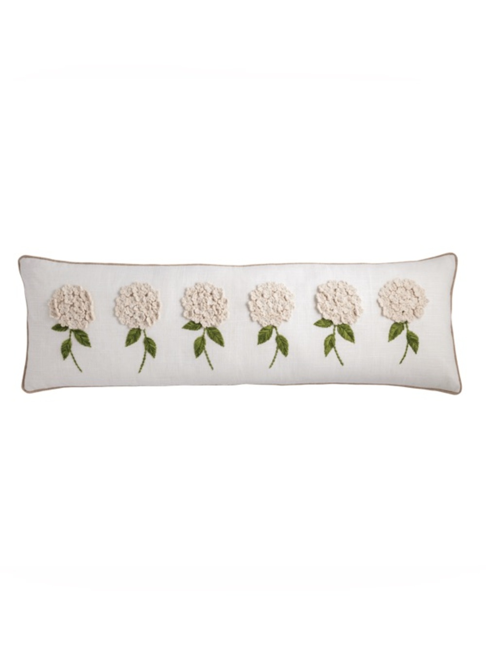Embroidered Floral Lumbar Pillow — Cream with Green Leaves
